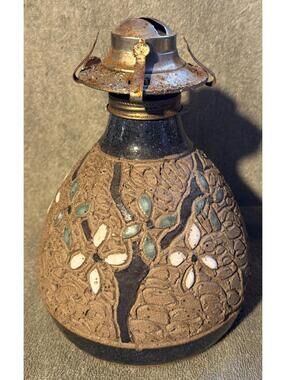 Vintage Antique Kerosene Oil Pottery Lamp Signed On Bottom